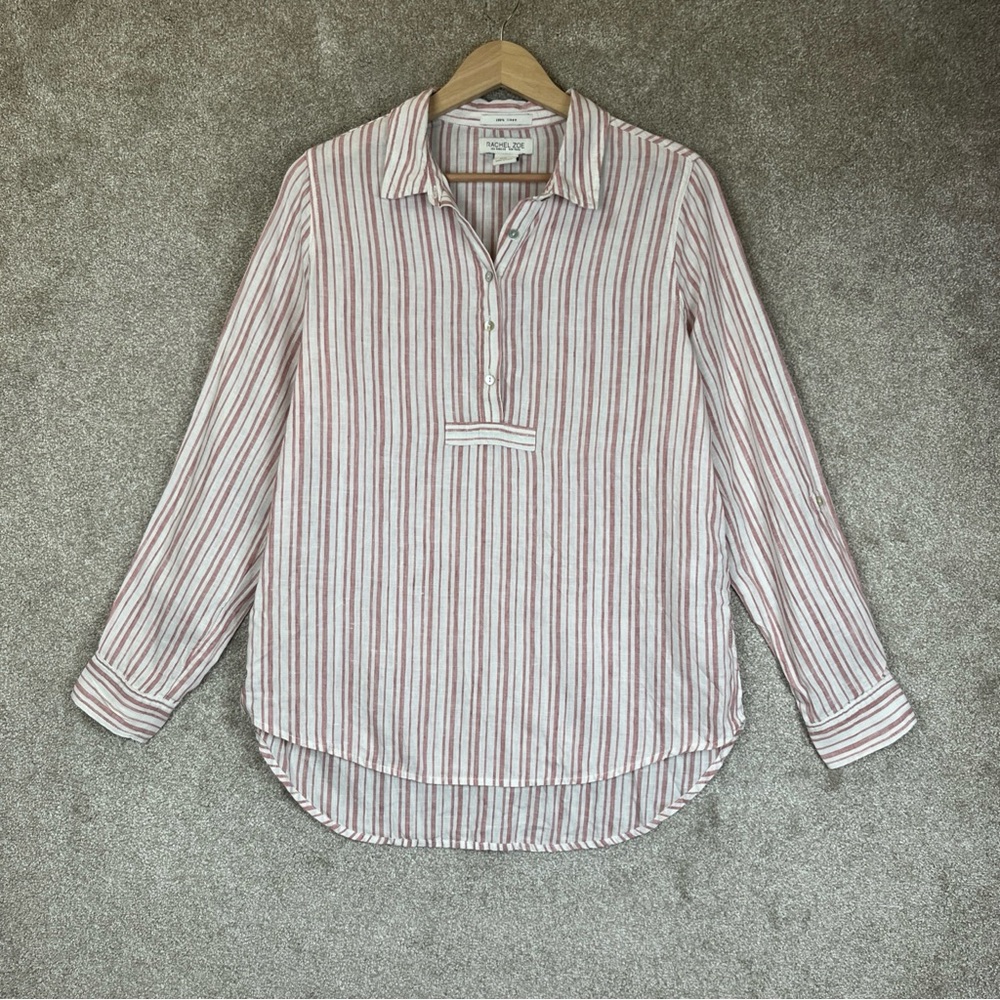 Rachel Zoe Tunic Womens Medium Pink Stripe Linen Pullover Collared- 4245